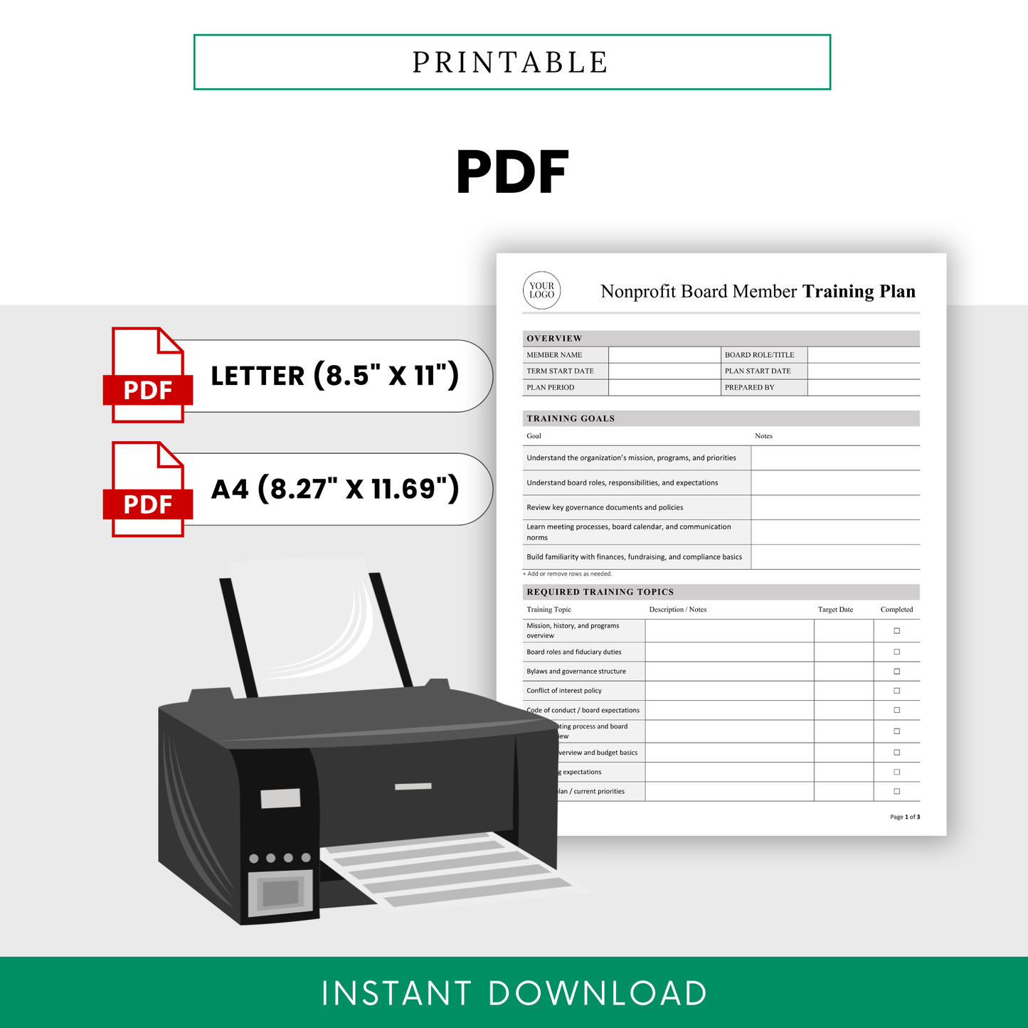 Printable nonprofit board member training plan template in PDF format, available in US Letter and A4 sizes, designed for nonprofit board onboarding, board training documentation, and easy instant download use