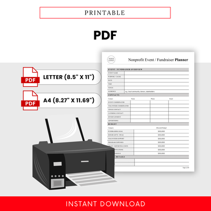 Nonprofit Event Planner Template PDF designed for easy printing in Letter and A4 sizes. This printable fundraiser planner is perfect for organizing event details offline while maintaining a clean, professional layout for nonprofit teams.