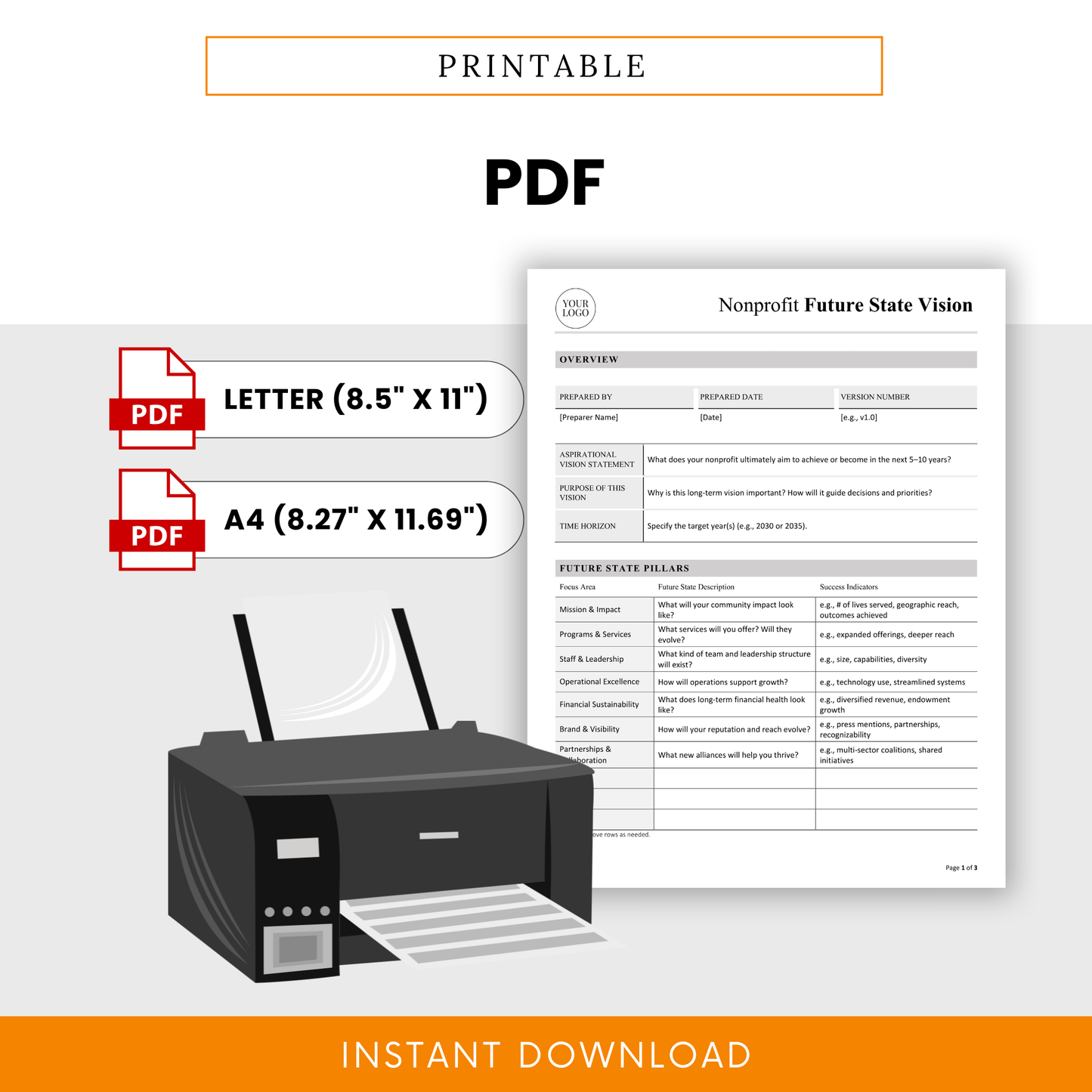 Printable nonprofit strategic planning template in PDF format with letter and A4 sizes, ideal for meetings, board presentations, and long-term vision planning