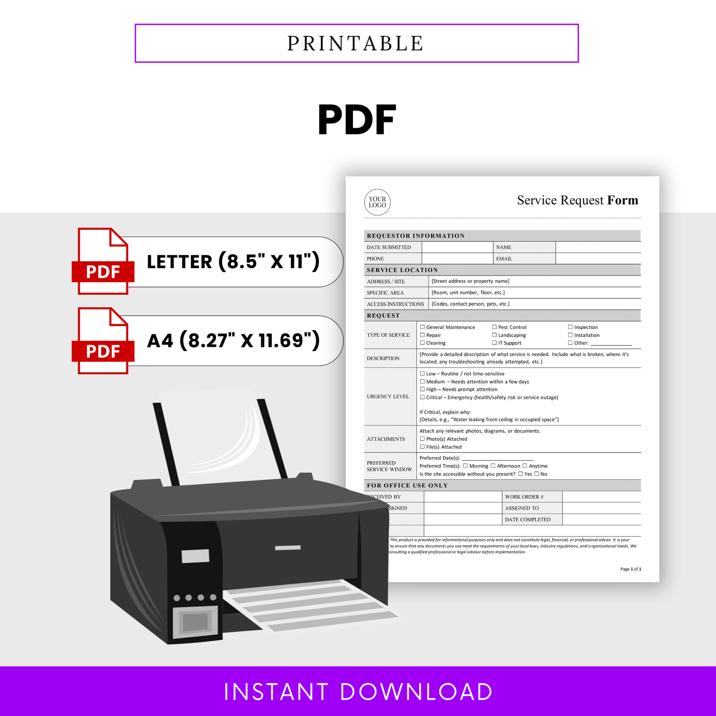 Printable service request form PDF template in Letter and A4 sizes, ready to print document for maintenance requests, office use, and service tracking