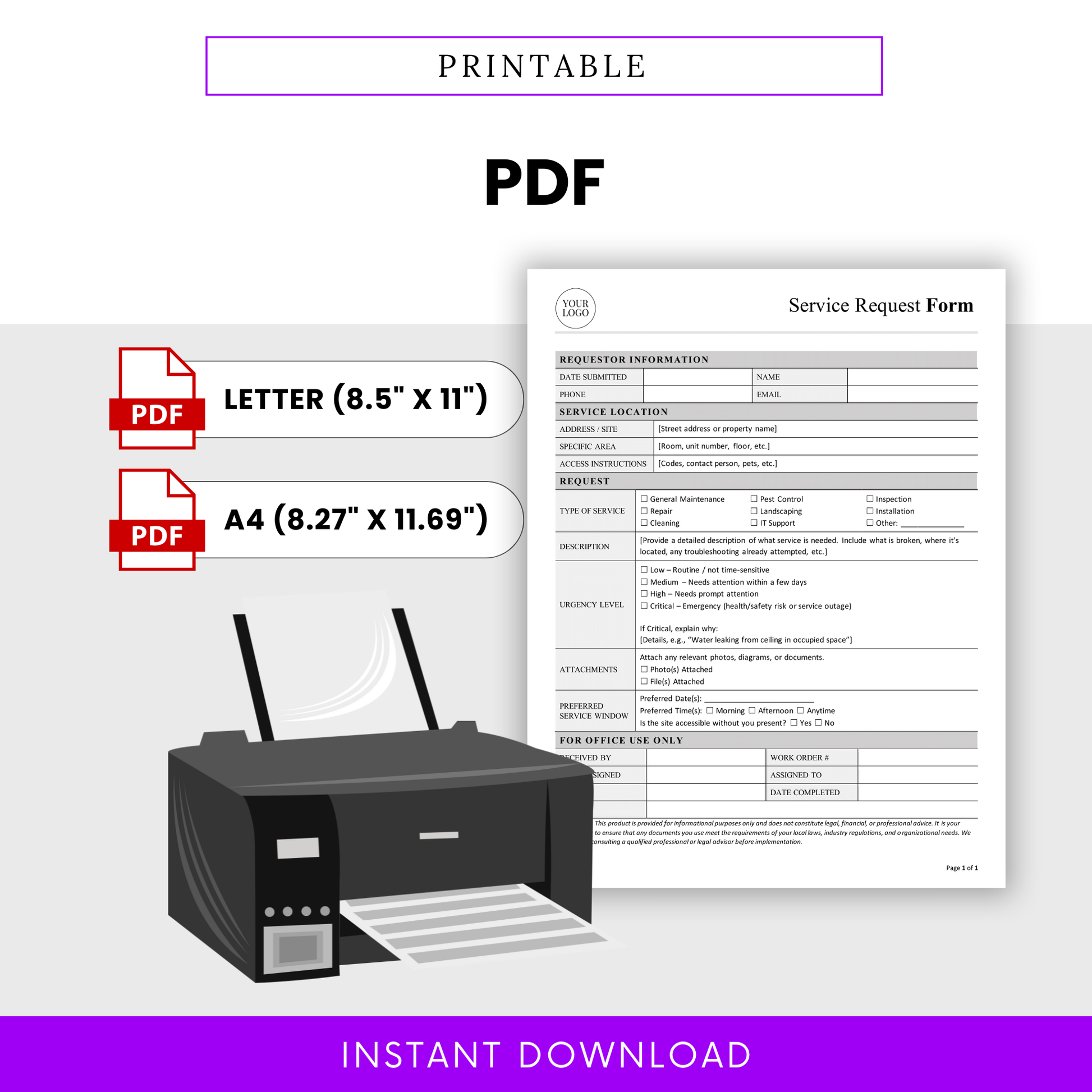 Printable service request form PDF template in Letter and A4 sizes, ready to print document for maintenance requests, office use, and service tracking