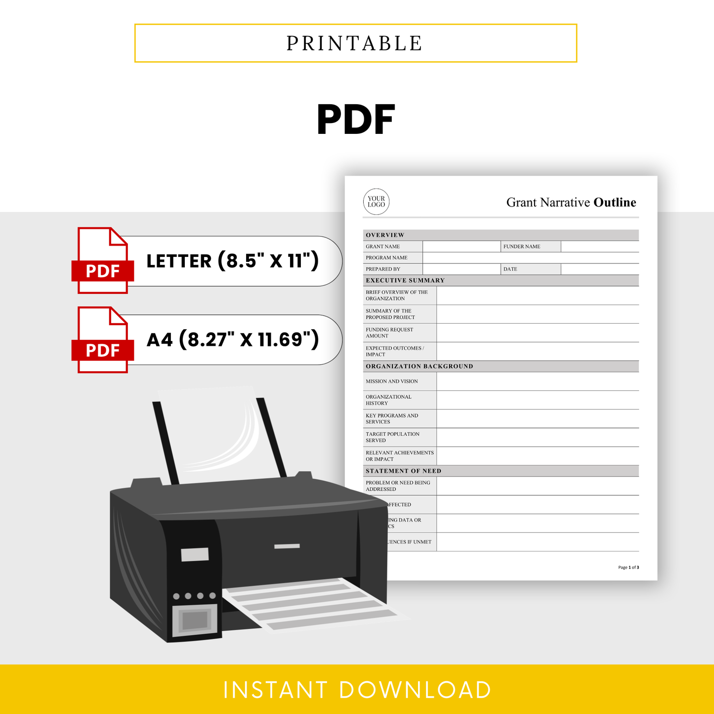 Grant Narrative Template PDF format designed for easy printing in US Letter and A4 sizes. This printable Grant Narrative Outline Template is ideal for nonprofits and organizations needing a professional, ready-to-use document for funding proposals.
