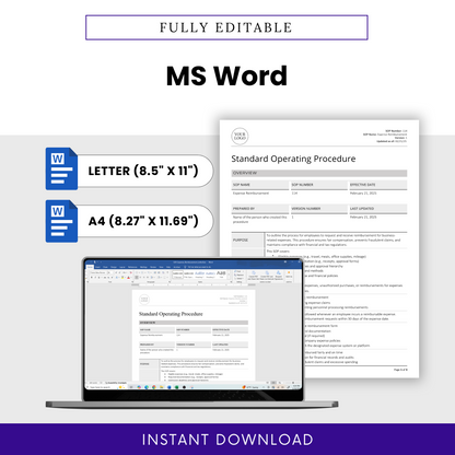 Expense Reimbursement SOP template in fully editable MS Word doc format. Available in Letter (8.5” x 11”) and A4 (8.27” x 11.69”) sizes. Features a document preview displayed on a laptop screen, emphasizing easy customization. Includes Microsoft Word icons and an 'Instant Download' banner.