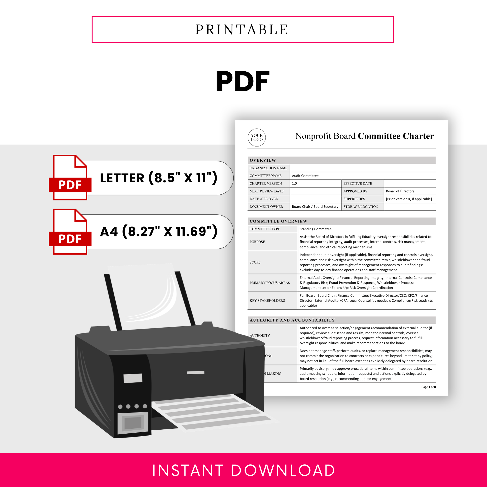 Printable nonprofit audit committee charter template PDF format with US Letter and A4 sizes, clean layout for easy printing and professional board use