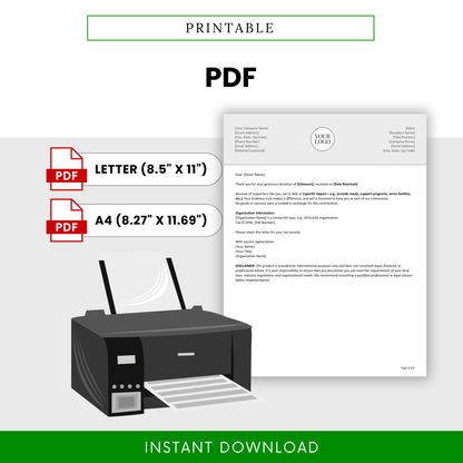 Donation Acknowledgment Letter Template PDF optimized for printing in letter and A4 sizes, shown with a clean and professional layout. This printable business template is perfect for organizations needing ready-to-use donation receipts and acknowledgment letters.