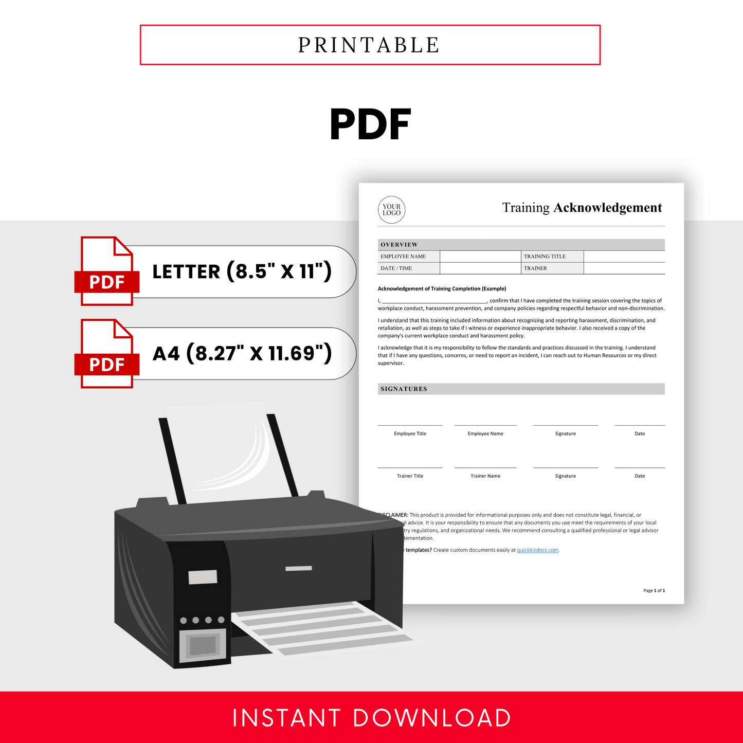 Printable training acknowledgement form PDF shown next to a printer, highlighting compatibility with Letter and A4 formats for easy printing.