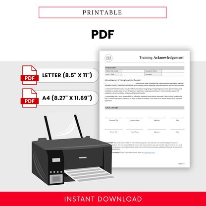 Printable training acknowledgement form PDF shown next to a printer, highlighting compatibility with Letter and A4 formats for easy printing.
