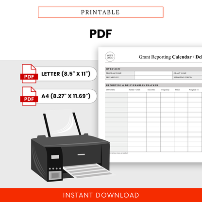 Grant Reporting Calendar Template PDF shown as a printable document in Letter and A4 sizes, designed for easy printing and distribution. This simple Deliverables Tracker Template is ideal for nonprofits and teams needing a clean, printable grant tracking solution.