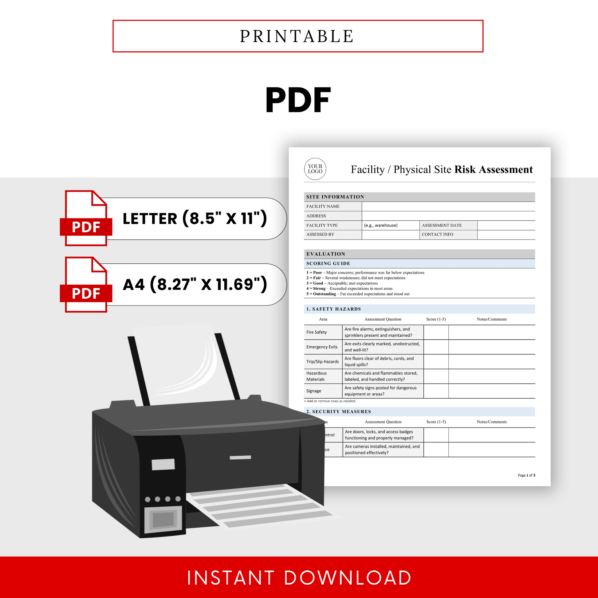 Printable PDF version of the workplace risk assessment template shown with clear layout, formatted for easy printing in Letter and A4 sizes for professional safety inspections.