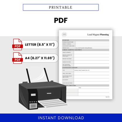 Lead Magnet Planning Template PDF shown as a printable document with Letter and A4 sizes for easy use. This simple Lead Magnet Template PDF is perfect for business owners who prefer a clean, printable planning tool for offline use.
