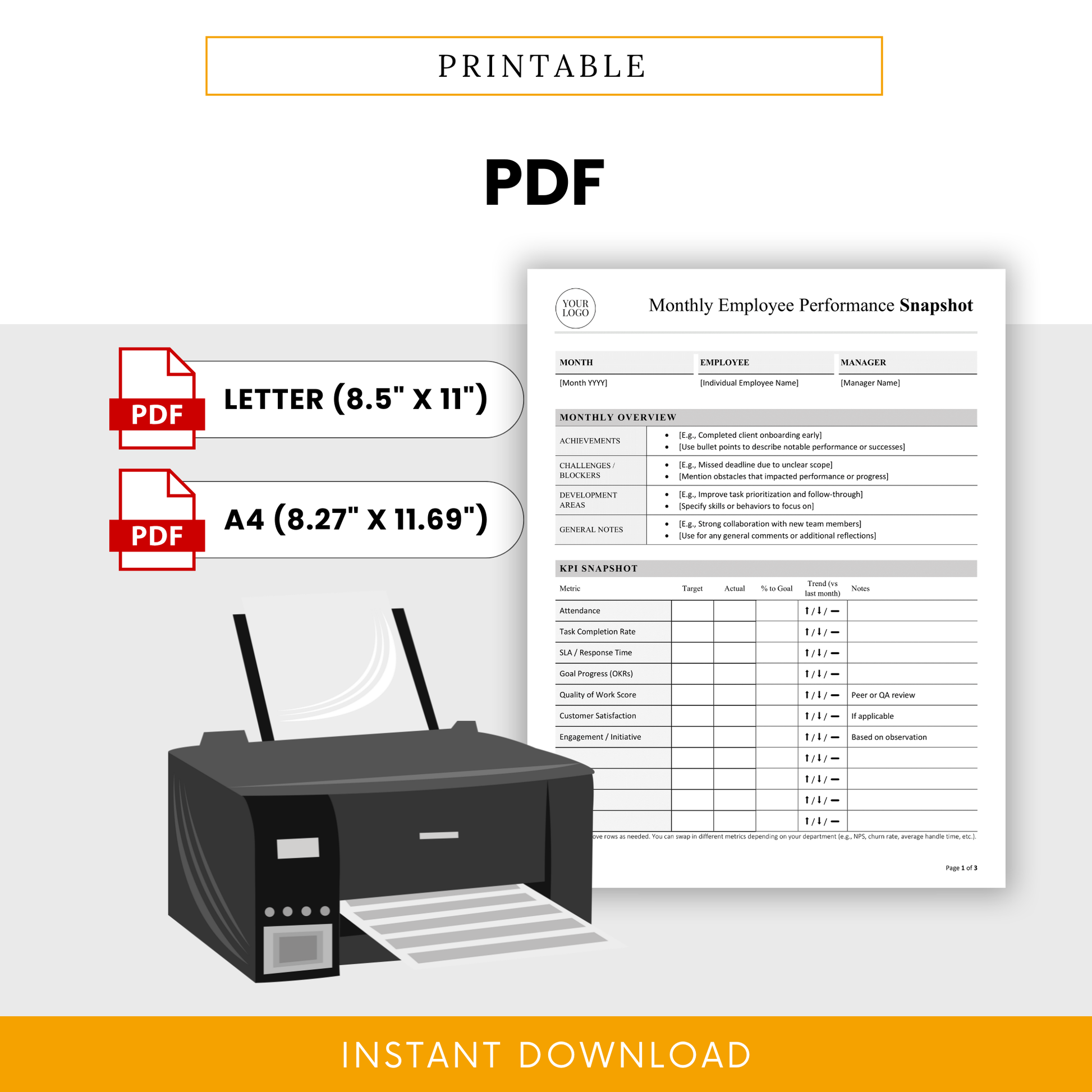 Printable employee performance review PDF template in letter and A4 sizes, ideal for HR managers, team leaders, and performance tracking