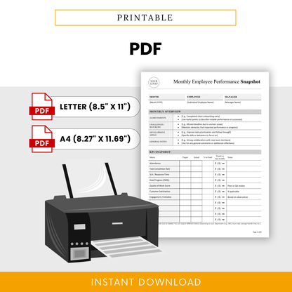 Printable employee performance review PDF template in letter and A4 sizes, ideal for HR managers, team leaders, and performance tracking