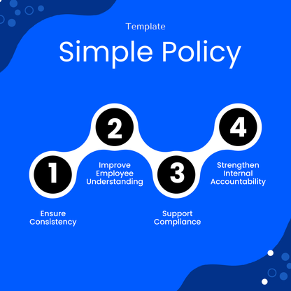 Simple policy template benefits infographic highlighting consistency, employee understanding, compliance support, and internal accountability, designed for professional business documentation, employee handbooks, and workplace policy management