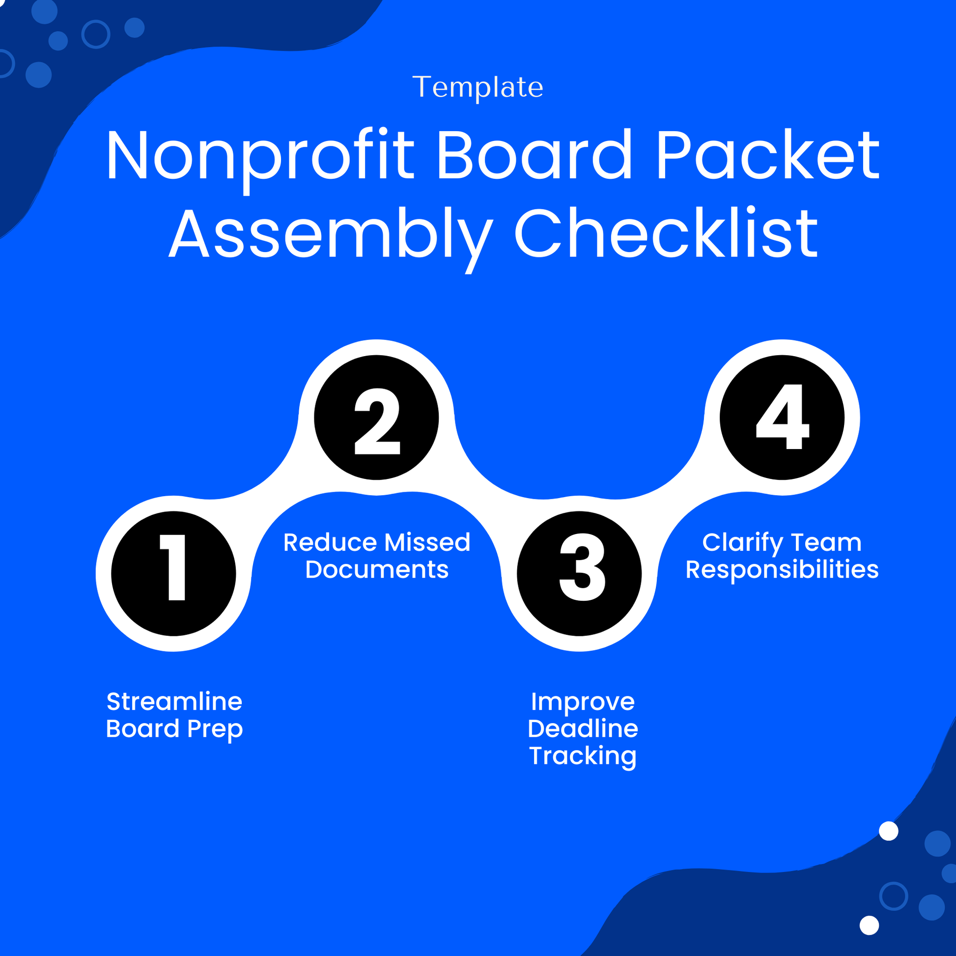 Blue promotional graphic for the Nonprofit Board Packet Assembly Checklist template showing four benefits: streamline board prep, reduce missed documents, improve deadline tracking, and clarify team responsibilities.