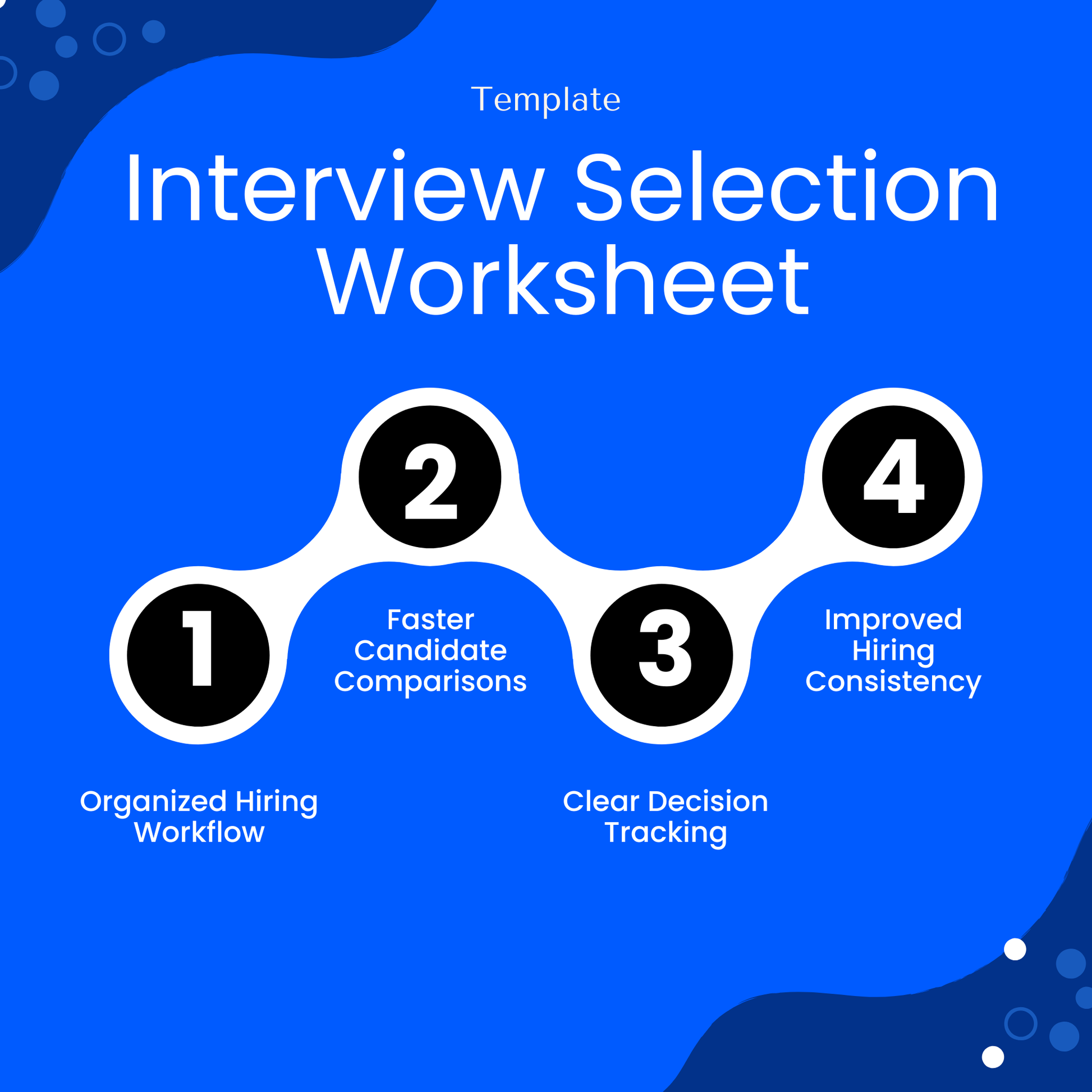 Interview worksheet benefits infographic highlighting organized hiring workflow, faster candidate comparisons, clear decision tracking, and improved hiring consistency for HR professionals and recruiters