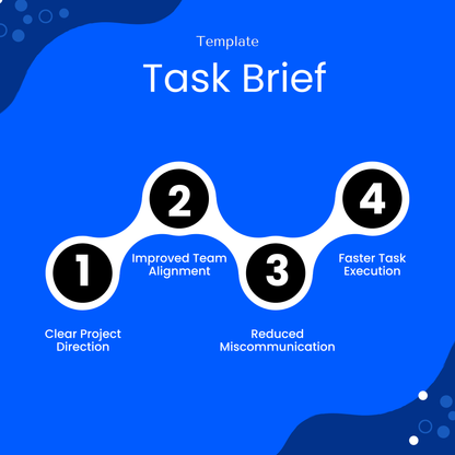 Task brief template benefits infographic highlighting clear project direction, improved team alignment, reduced miscommunication, and faster task execution