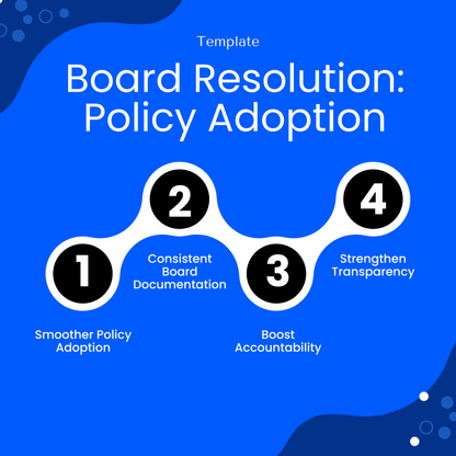Nonprofit board resolution benefits infographic: smoother policy adoption, consistent board documentation, improved accountability, and strengthened transparency, governance workflow visual guide