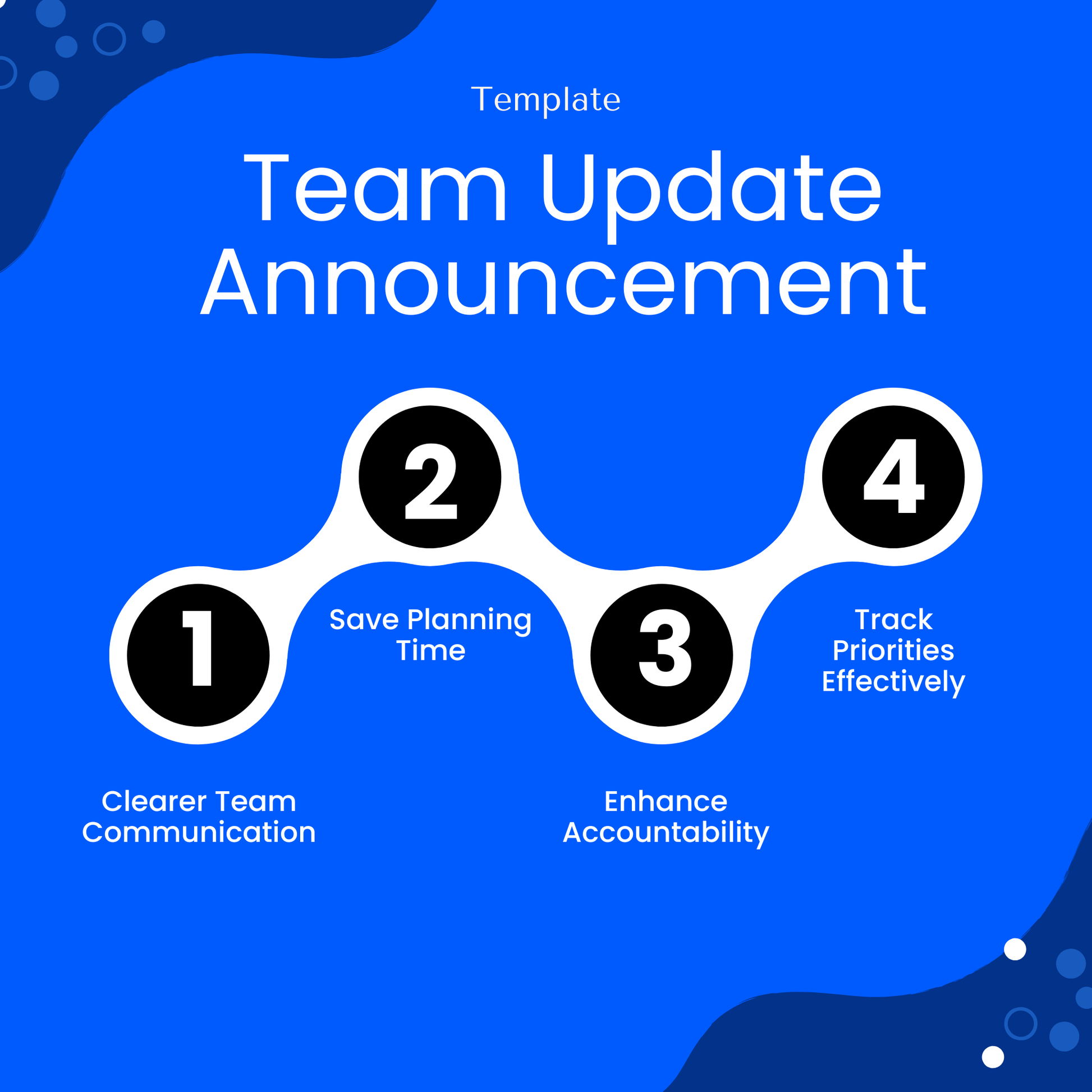 Modern blue infographic highlighting the benefits of the Team Update template, including clearer team communication, saving planning time, enhancing accountability, and tracking priorities effectively.