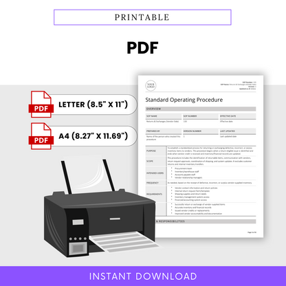 Returns & Exchanges (Vendor-Side) SOP Template available in PDF format. Includes US Letter (8.5 x 11 in) and A4 (8.27 x 11.69 in) sizes. Easy-to-print SOP for inventory management and operations. Instant digital download for business use.
