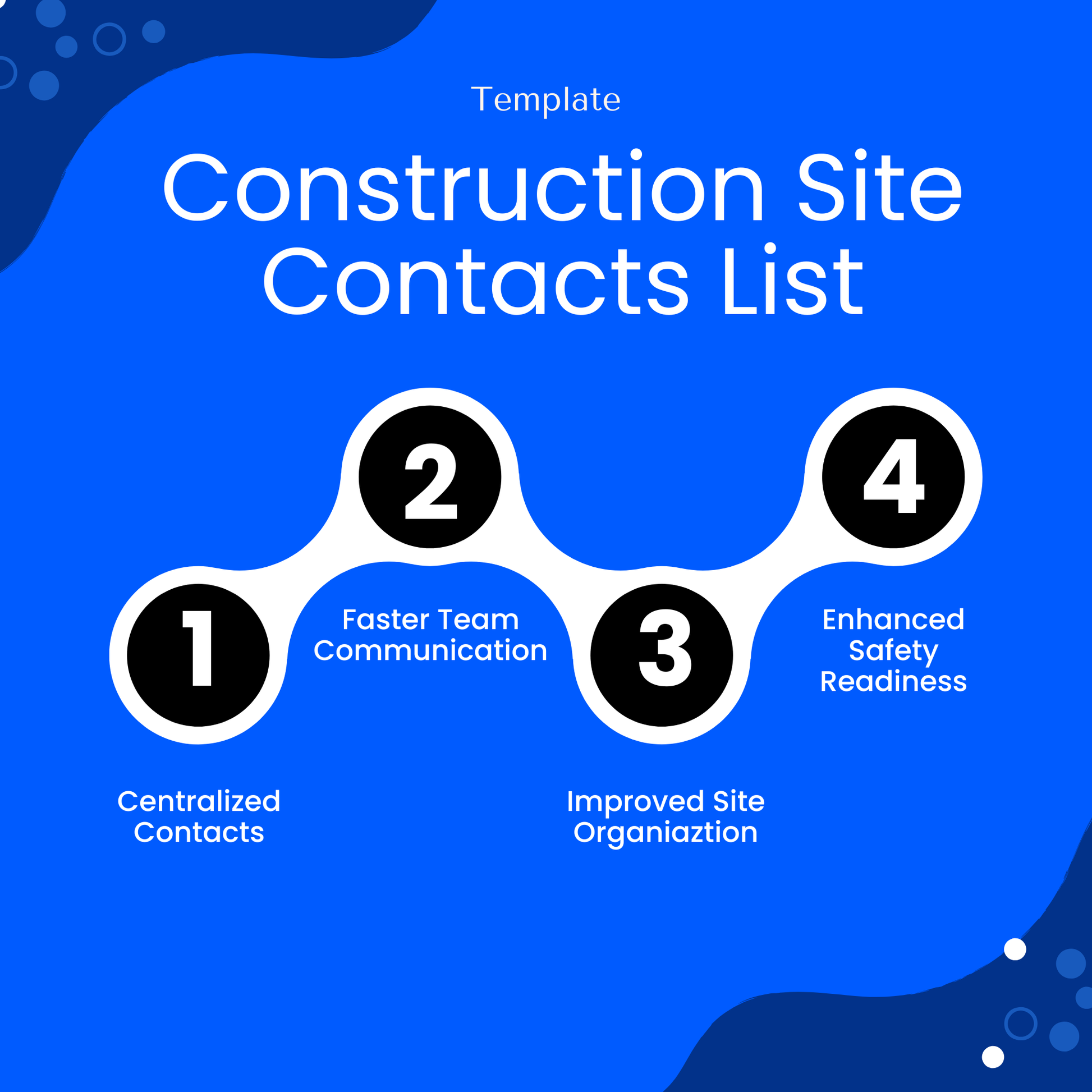 construction contact list infographic benefits, centralized contacts, faster team communication, improved site organization, enhanced safety readiness, modern blue presentation graphic