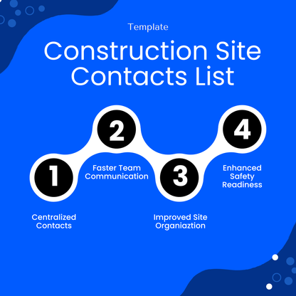 construction contact list infographic benefits, centralized contacts, faster team communication, improved site organization, enhanced safety readiness, modern blue presentation graphic