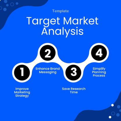 Visual summary of benefits of using this Target Market Analysis Template, including improving marketing strategy and saving research time. This editable and printable business template is designed to help entrepreneurs, marketers, and small business teams simplify their planning process.