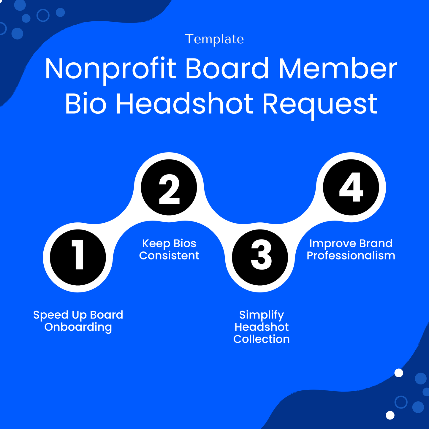 Blue infographic for nonprofit board member bio headshot request template highlighting benefits such as speeding up board onboarding, keeping bios consistent, simplifying headshot collection, and improving brand professionalism
