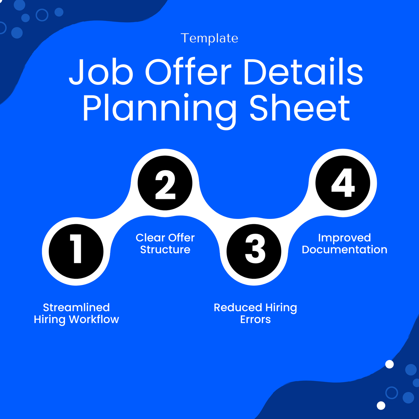 Job offer planning template benefits infographic showing streamlined hiring workflow, clear offer structure, reduced hiring errors, and improved documentation