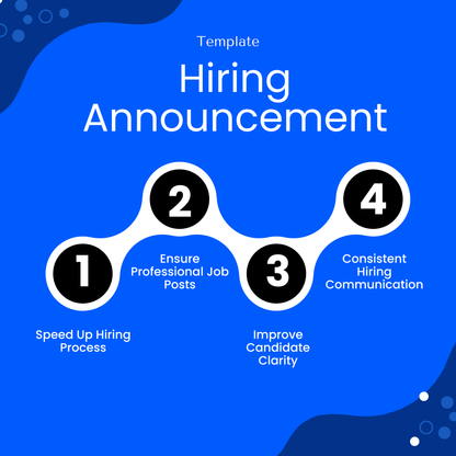 Hiring announcement template benefits infographic showing faster hiring process, professional job posts, improved candidate clarity, and consistent hiring communication