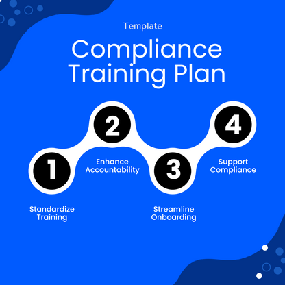 Modern blue infographic showing benefits of compliance training plan including standardizing training, improving accountability, streamlining onboarding, and supporting regulatory compliance