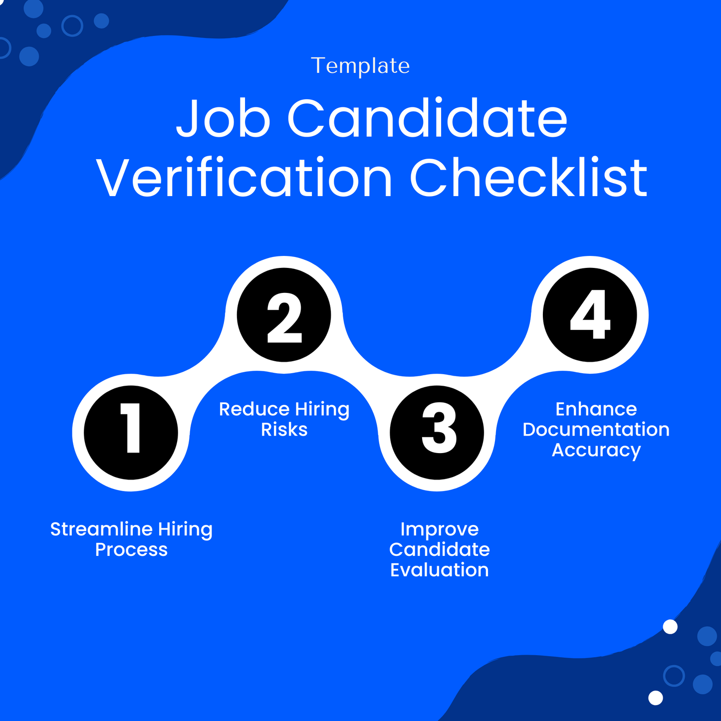 Job Candidate Verification Checklist template infographic highlighting benefits like streamlining hiring, reducing hiring risks, improving candidate evaluation, and enhancing documentation accuracy. This business checklist template is perfect for efficient recruitment processes.