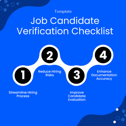 Job Candidate Verification Checklist template infographic highlighting benefits like streamlining hiring, reducing hiring risks, improving candidate evaluation, and enhancing documentation accuracy. This business checklist template is perfect for efficient recruitment processes.