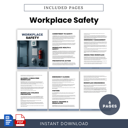 Workplace safety handbook pages covering emergency procedures, ergonomics, safety training, and hazard prevention, employee safety policy template