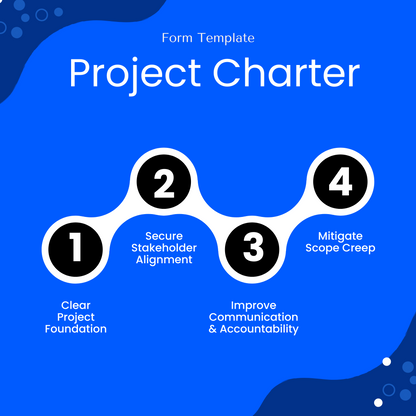 Blue infographic titled “Project Charter” listing four key benefits: Clear Project Foundation, Secure Stakeholder Alignment, Improve Communication & Accountability, and Mitigate Scope Creep.