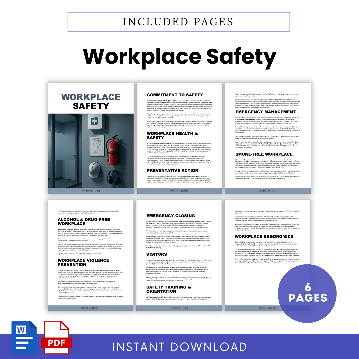 Workplace safety pages including emergency procedures, health and safety policies, and training guidelines to ensure a secure work environment