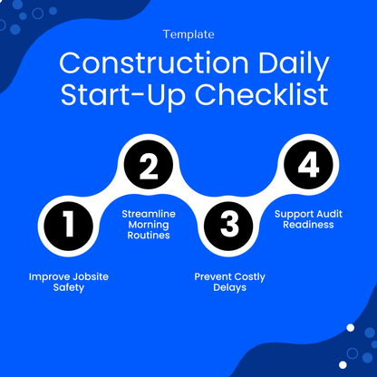 Construction Daily Start-Up Checklist Template highlighting key benefits like improving jobsite safety, streamlining routines, and preventing costly delays. This professional construction checklist template supports audit readiness and efficient daily planning. Ideal for teams looking to enhance productivity and maintain compliance.