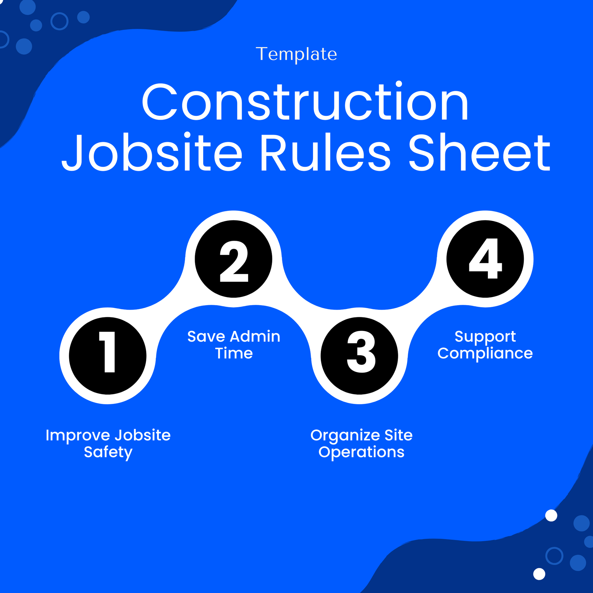 Construction jobsite rules template benefits infographic highlighting improved jobsite safety, time savings, organized operations, and compliance support for contractors