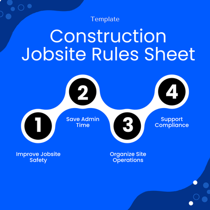 Construction jobsite rules template benefits infographic highlighting improved jobsite safety, time savings, organized operations, and compliance support for contractors