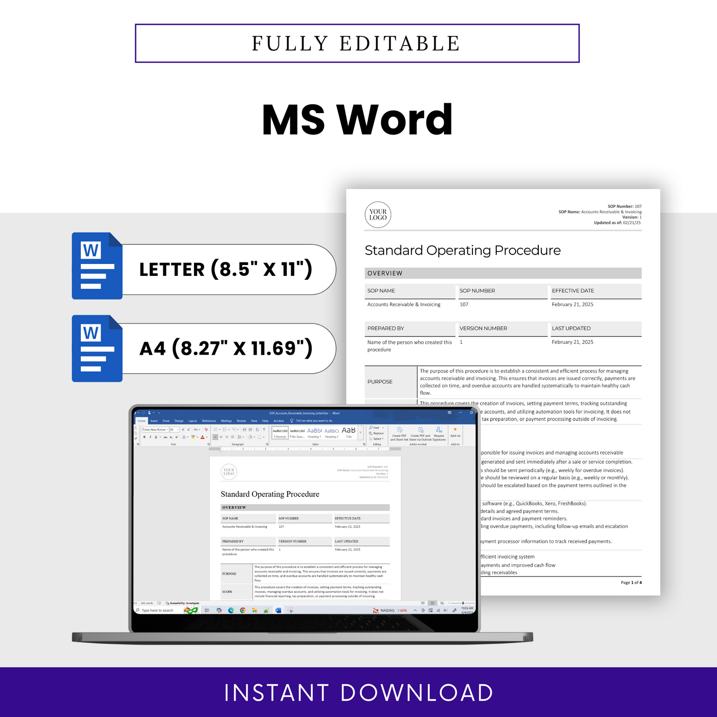 Accounts Receivable & Invoicing SOP Template (Word & PDF) – Simple Standard Operating Procedure Template