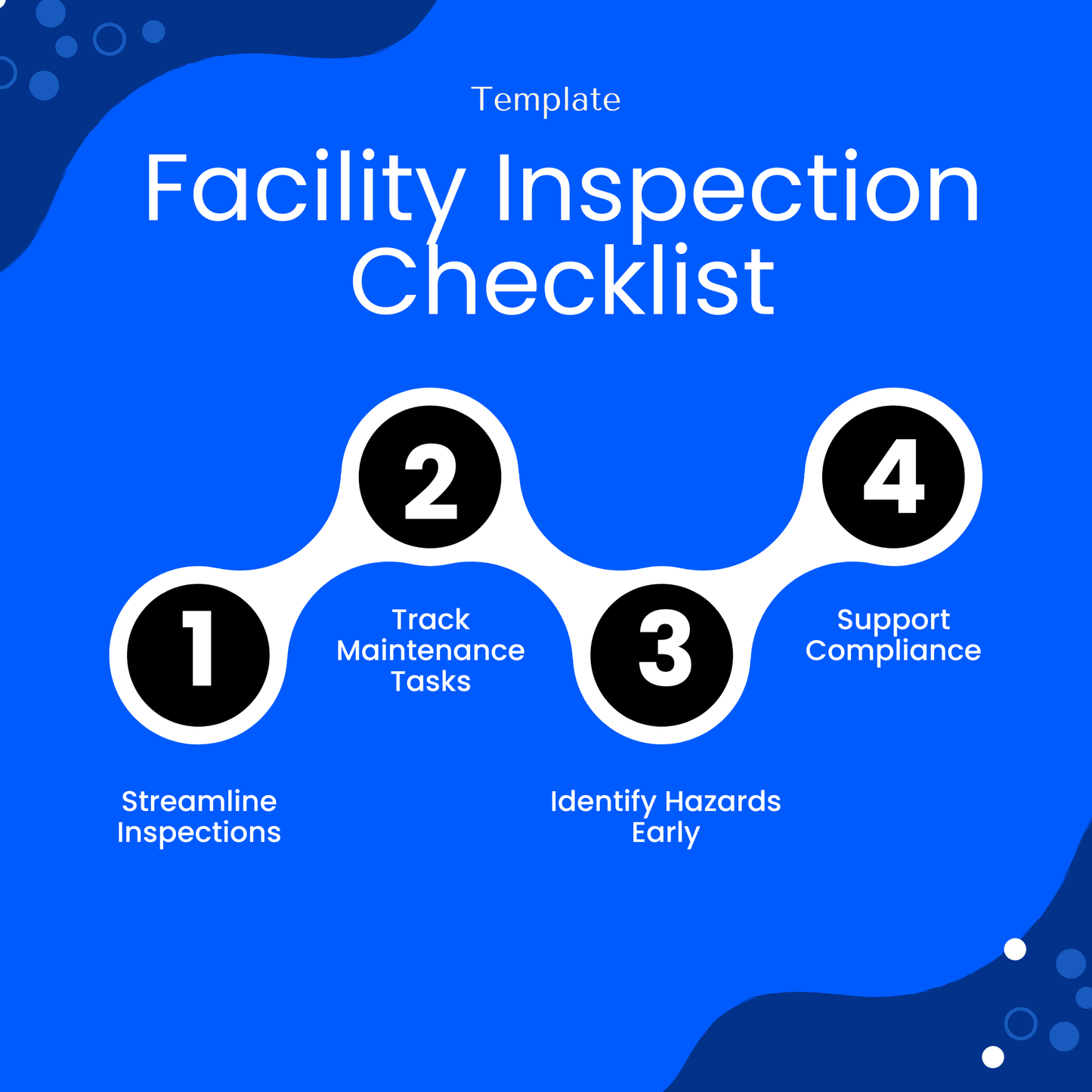 Facility inspection checklist template benefits infographic highlighting streamlined inspections, maintenance tracking, early hazard identification, and compliance support for businesses and facilities