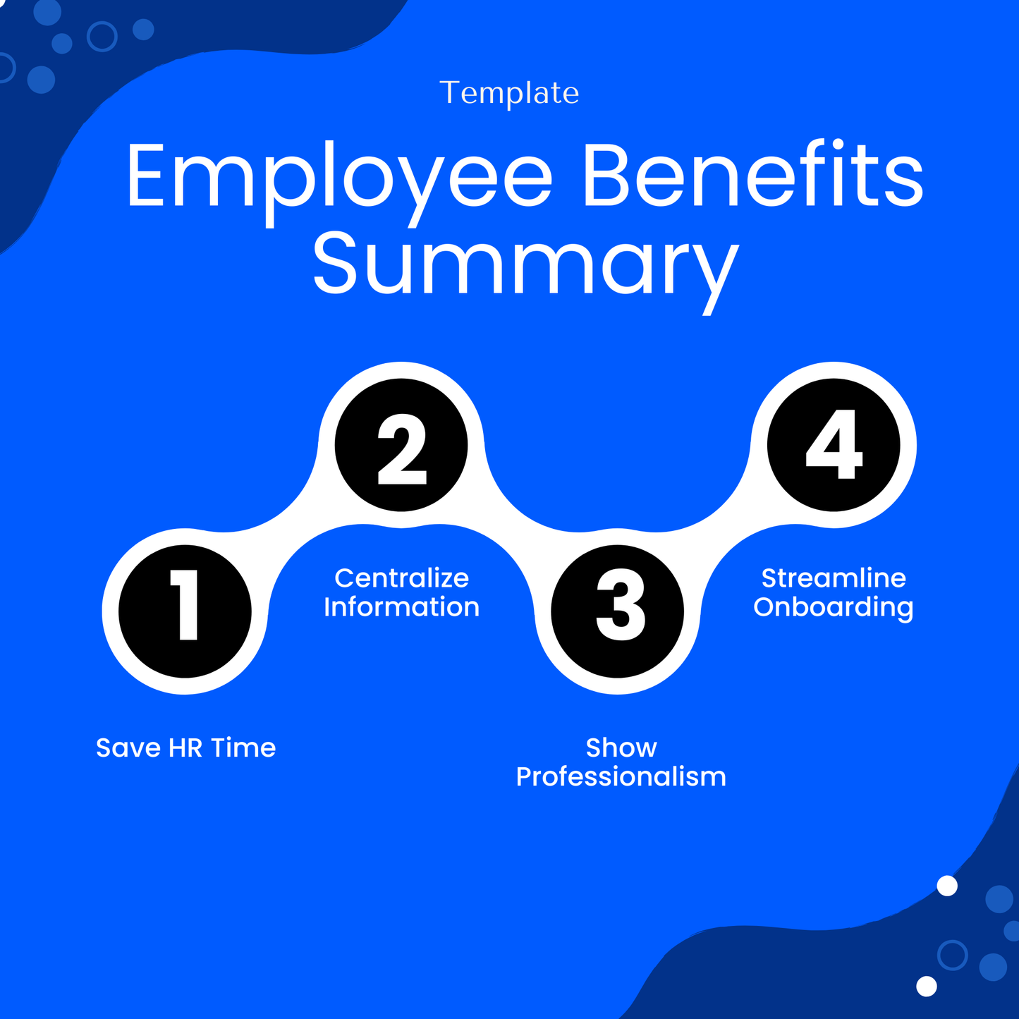 Employee benefits summary infographic showing key advantages like saving HR time, centralizing information, improving professionalism, and streamlining onboarding process in modern blue design