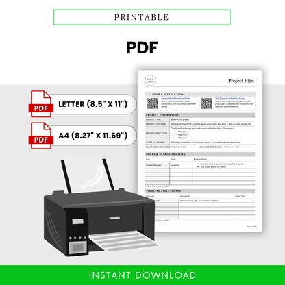 Printable project plan template PDF version, letter and A4 sizes, ready to print business planner, clean structured document layout