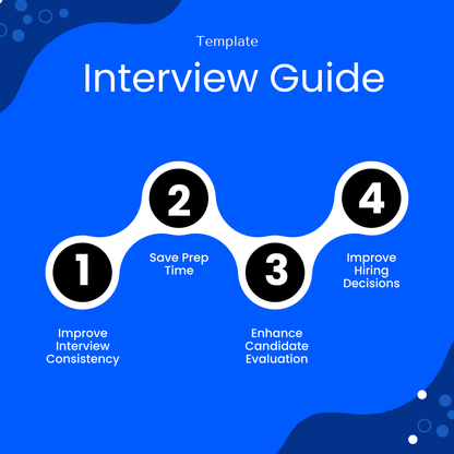 Interview guide template benefits infographic showing improved interview consistency, saved preparation time, enhanced candidate evaluation, and better hiring decisions