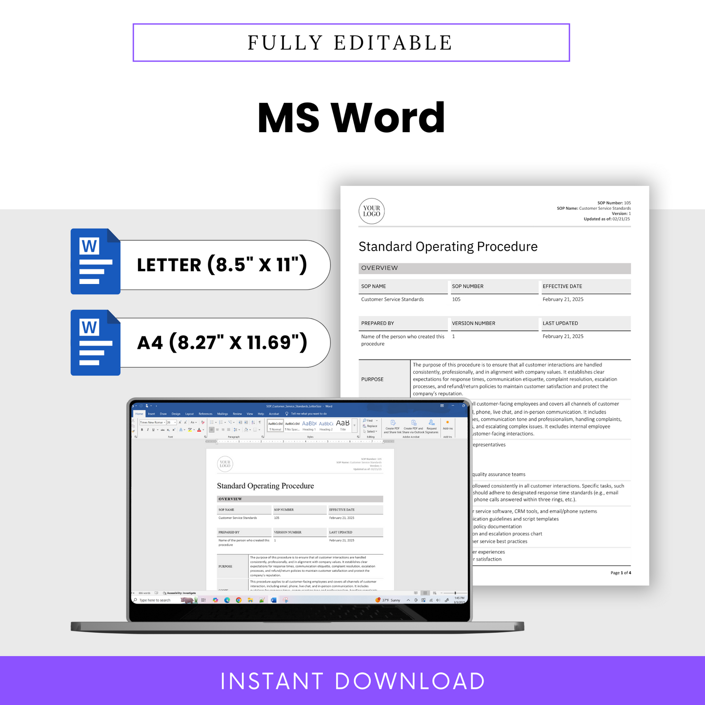 Customer Service Standards SOP Template (Word & PDF) – Simple Standard Operating Procedure Template