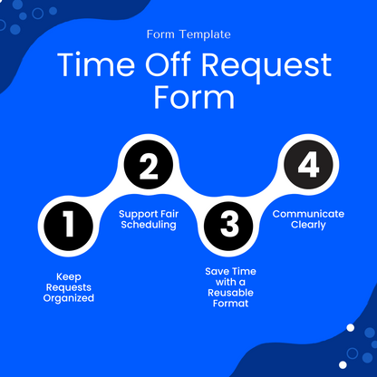 Benefits of using the Time Off Request Form shown as four icons: organize requests, support fair scheduling, save time, and improve communication.