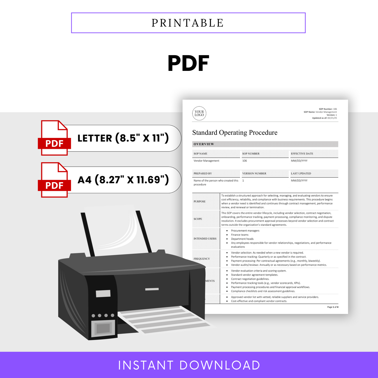 Visual of the Vendor Management SOP being printed, emphasizing that it's available as a print-ready PDF download in Letter (8.5 x 11 in) and A4 (8.27 x 11.69 in) formats.