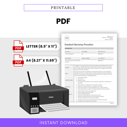 Visual of the Vendor Management SOP being printed, emphasizing that it's available as a print-ready PDF download in Letter (8.5 x 11 in) and A4 (8.27 x 11.69 in) formats.