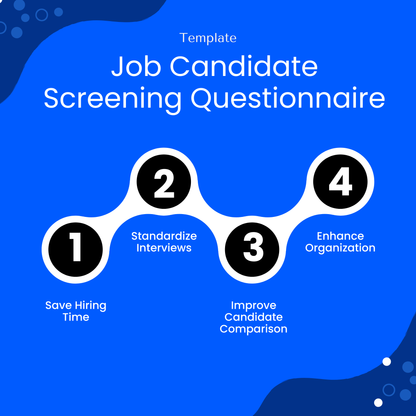 Job candidate screening template infographic highlighting benefits like saving hiring time, improving candidate comparison, and organizing interview evaluations