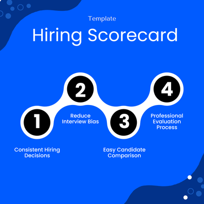 Hiring scorecard benefits infographic showing consistent hiring decisions, reduced interview bias, easy candidate comparison, professional recruitment evaluation process