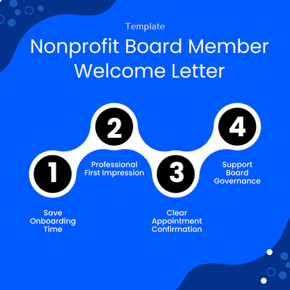 Nonprofit board member welcome letter template infographic highlighting key benefits including saving onboarding time, creating a professional first impression, providing clear appointment confirmation, and supporting strong board governance for nonprofit organizations